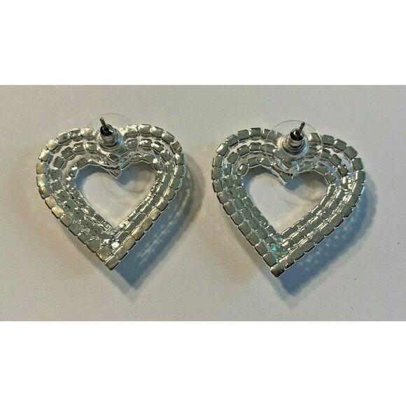Heart Shaped Pierced Earrings Brilliant Clear White Rhinestones on Silvertone - Picture 4 of 4